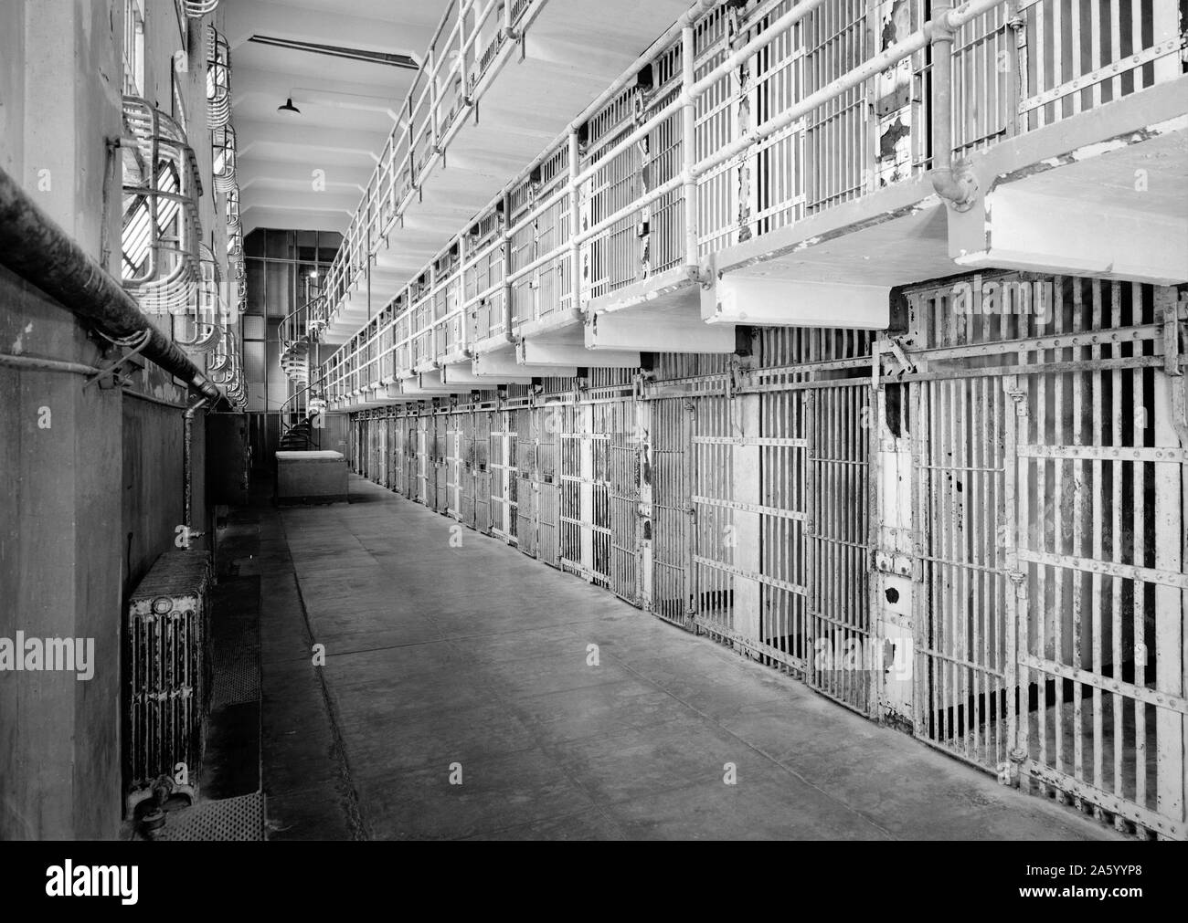 Southwest view on Cell Block 'A' in Alcatraz Prison, Alcatraz Island, San Francisco Bay, United States. Stock Photo
