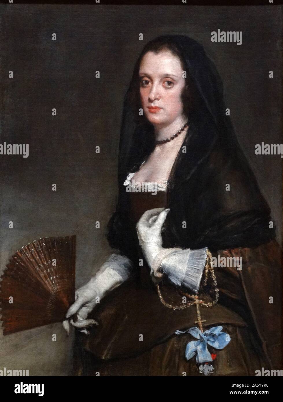 Painting titled 'The Lady with a Fan' by Diego Velázquez (1599-1660) a Spanish painter and leading artist for the Court of King Philip IV. Dated 17th Century Stock Photo