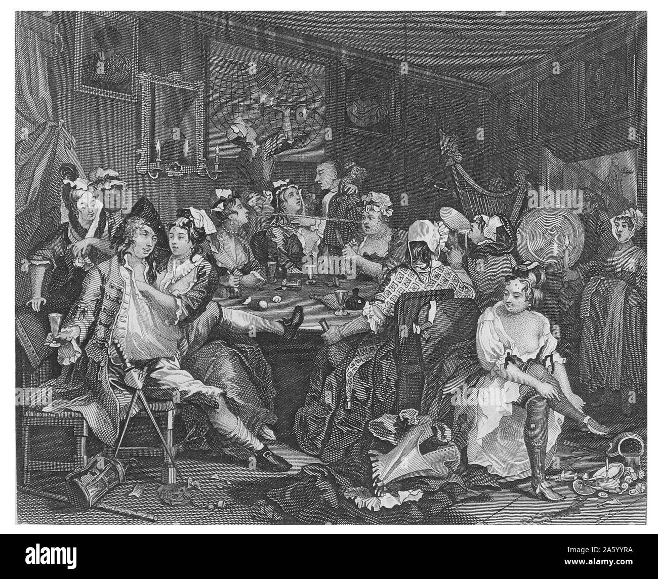 Engraving titled 'The Rake's Progress' by William Hogarth (1697-1764) English painter, printmaker, pictorial satirist, social critic, and editorial cartoonist who has been credited with pioneering western sequential art. Dated 18th Century. Stock Photo