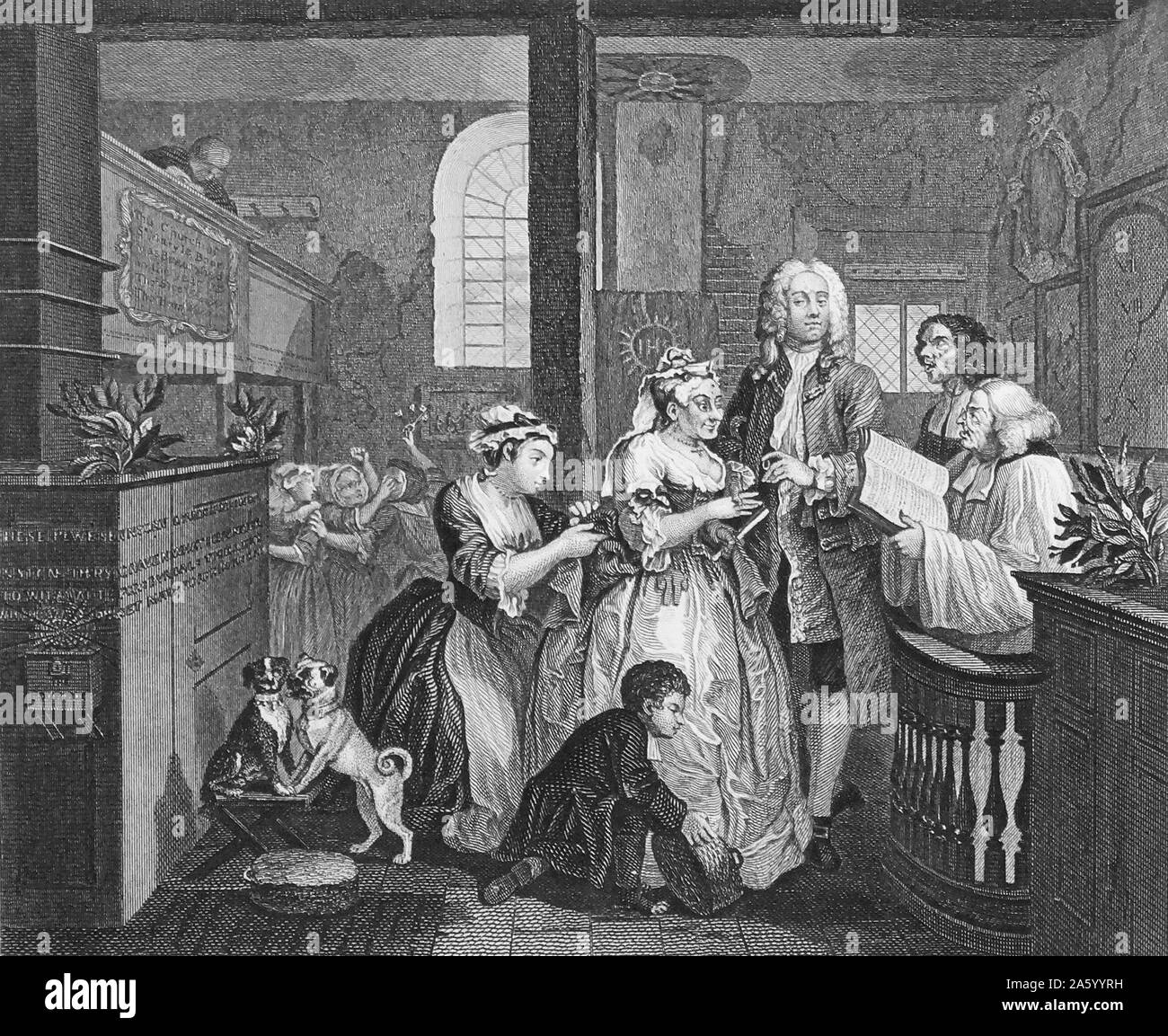 Engraving titled 'The Rake's Progress' by William Hogarth (1697-1764) English painter, printmaker, pictorial satirist, social critic, and editorial cartoonist who has been credited with pioneering western sequential art. Dated 18th Century. Stock Photo
