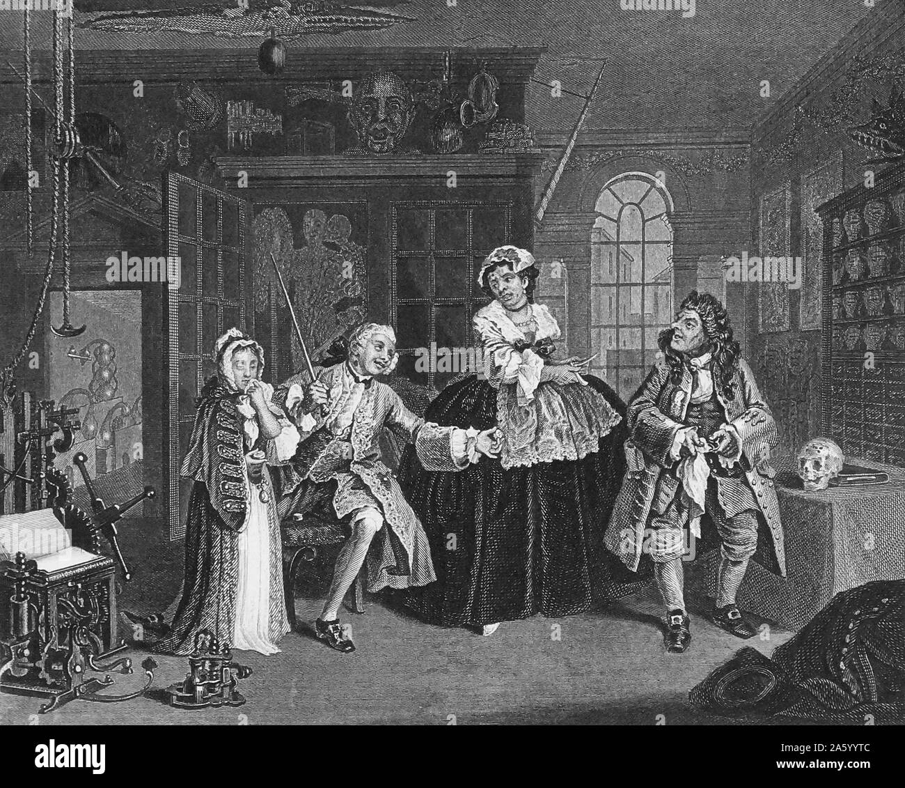Engraving titled 'Marriage A La Mode' by William Hogarth (1697-1764) English painter, printmaker, pictorial satirist, social critic, and editorial cartoonist who has been credited with pioneering western sequential art. Dated 18th Century. Stock Photo