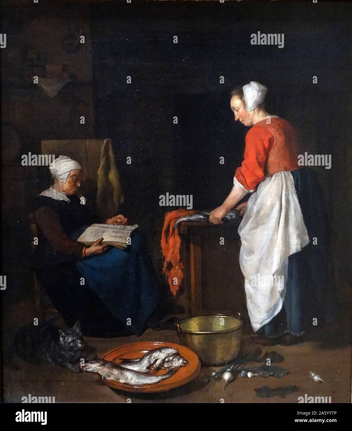 Painting titled 'An Old Woman Asleep' by Gabriël Metsu (16281667