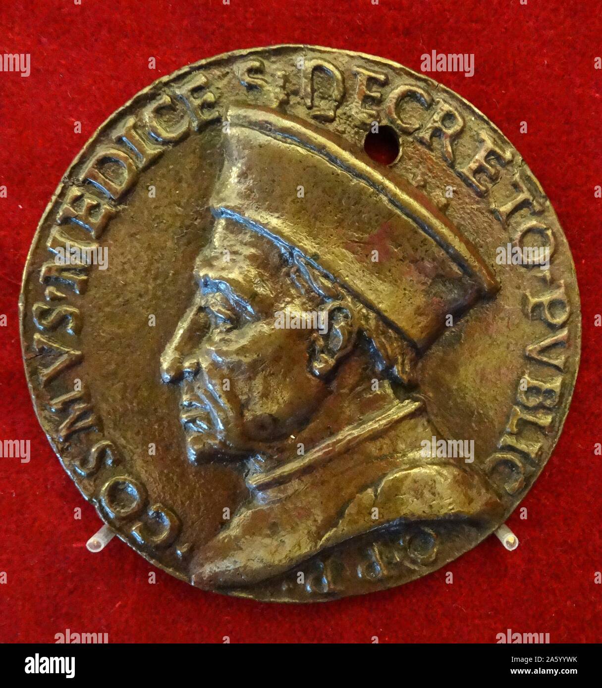 Coin depicting Lorenzo de' Medici (1449-1492) Italian statesman and de facto ruler of the Florentine Republic during the Italian Renaissance. Dated 15th Century Stock Photo