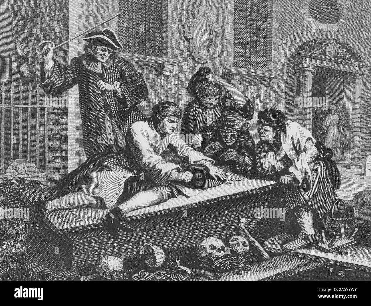 Engraving titled 'Industry and Idleness' by William Hogarth (1697-1764) English painter, printmaker, pictorial satirist, social critic, and editorial cartoonist who has been credited with pioneering western sequential art. Dated 18th Century. Stock Photo