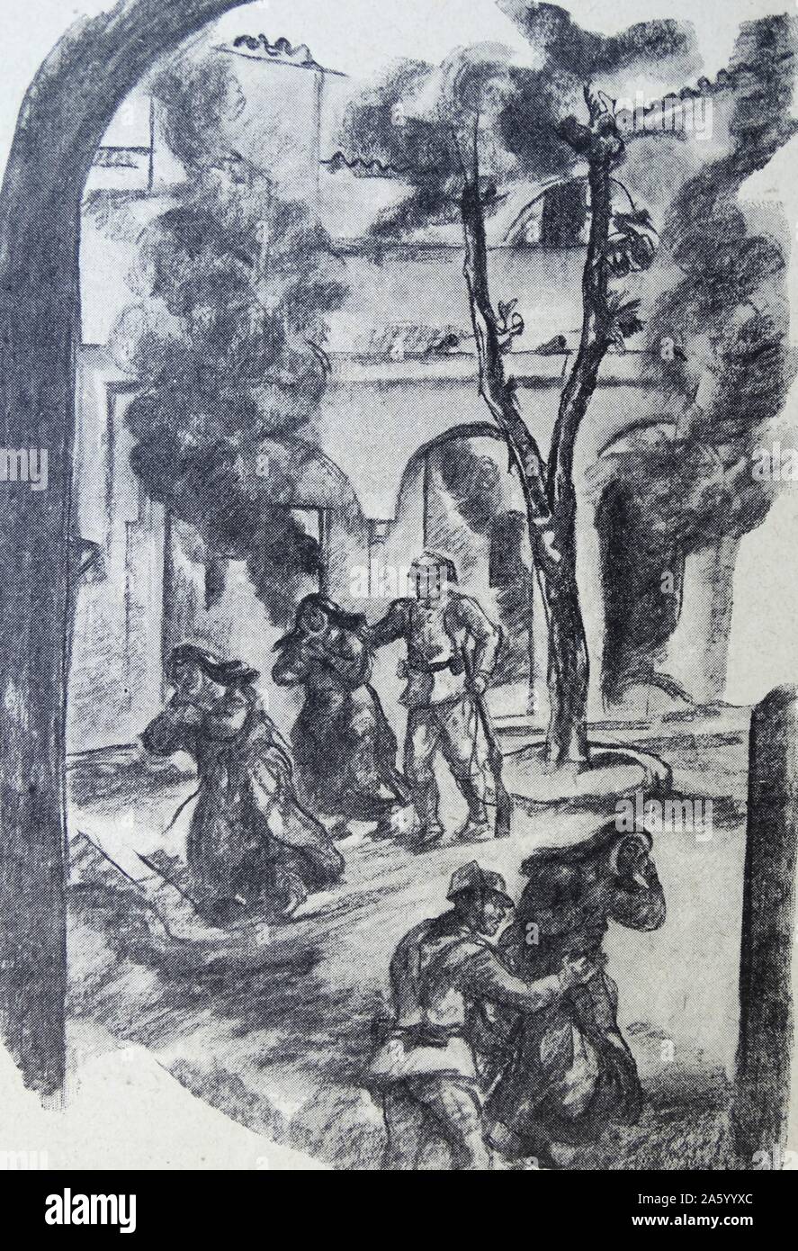 Illustration depicting Civil Guard evacuating Catholic nuns from a buring convent. Dated 1937 Stock Photo