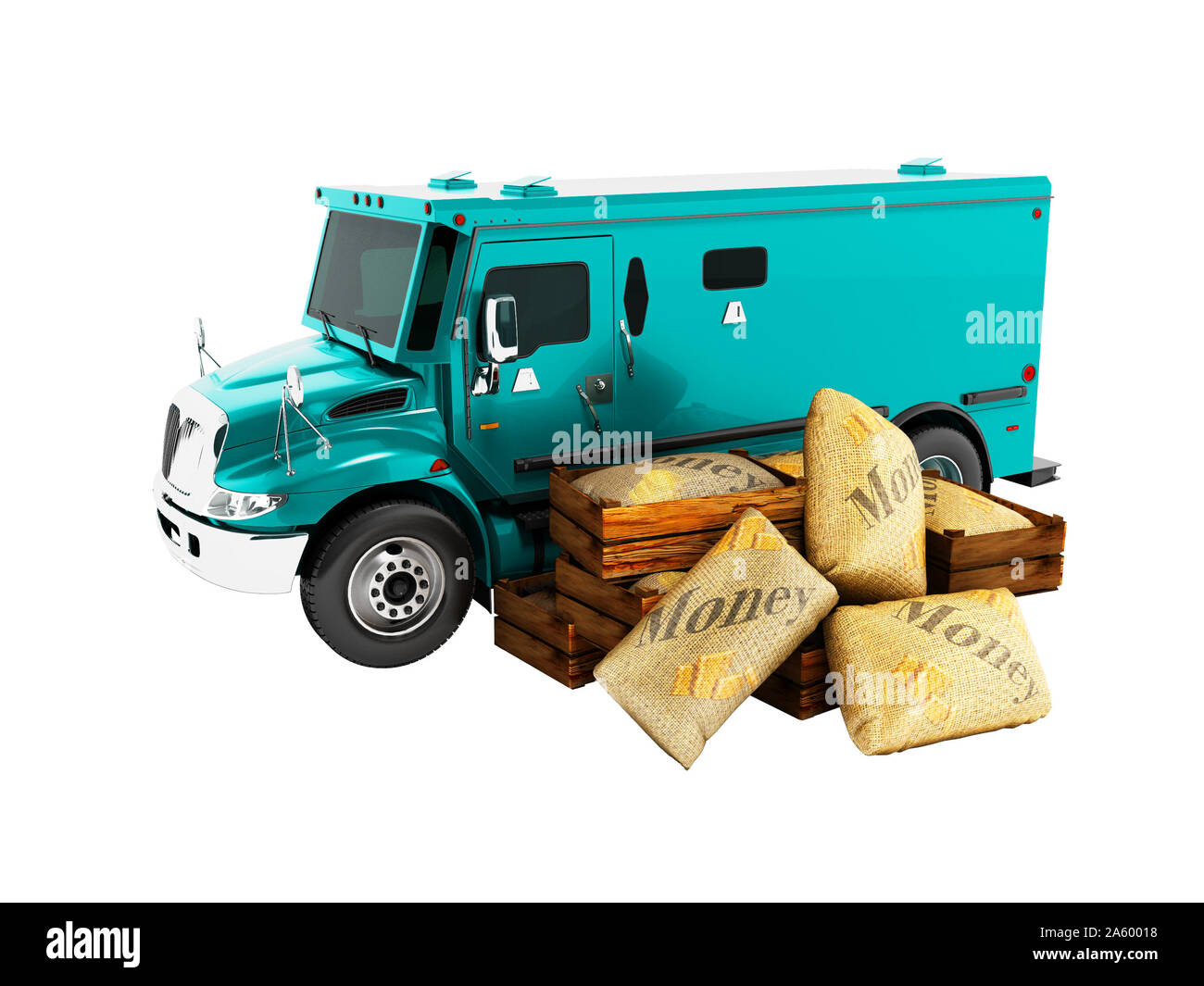 Modern blue armored truck for carrying money in bags 3d render on white background no shadow Stock Photo