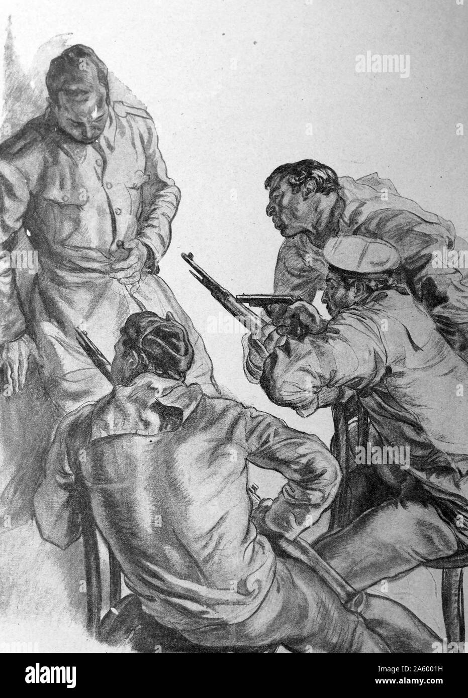 Propaganda illustration by Carlos Saenz De Tejada depicting a naval officer being shot by Republican mutineers, during the Spanish Civil War. Dated 1938 Stock Photo