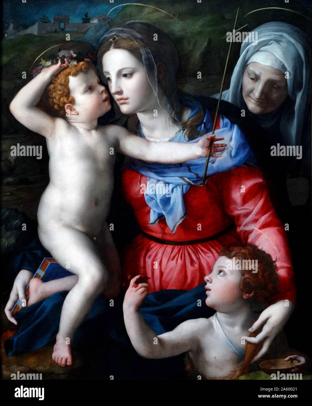 Painting titled 'The Madonna and Child with Saints' by Agnolo di Cosimo (1503-1572) Italian Mannerist painter from Florence. Dated 16th Century Stock Photo