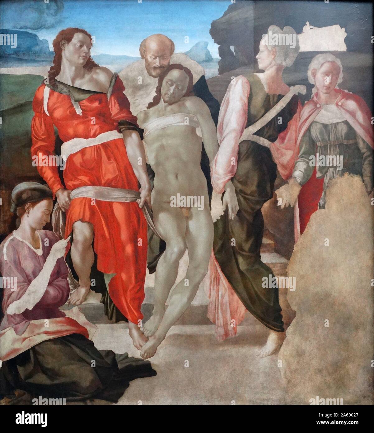 Painting titled 'The Entombment' by Michelangelo (1475-1564) an Italian sculptor, painter, architect, poet, and engineer of the High Renaissance. Dated 16th Century Stock Photo