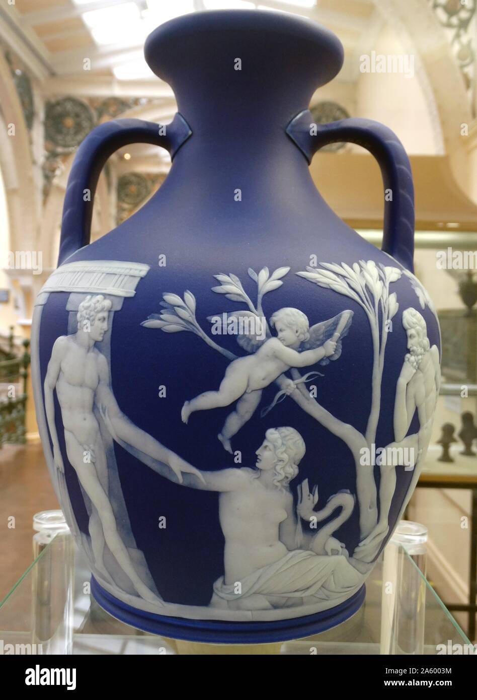 Copy of a Portland Vase, with White Jasper, ornamented with blue jasper dip, applied reliefs and moulded decoration, Wedgewood. Dated 1877 Stock Photo