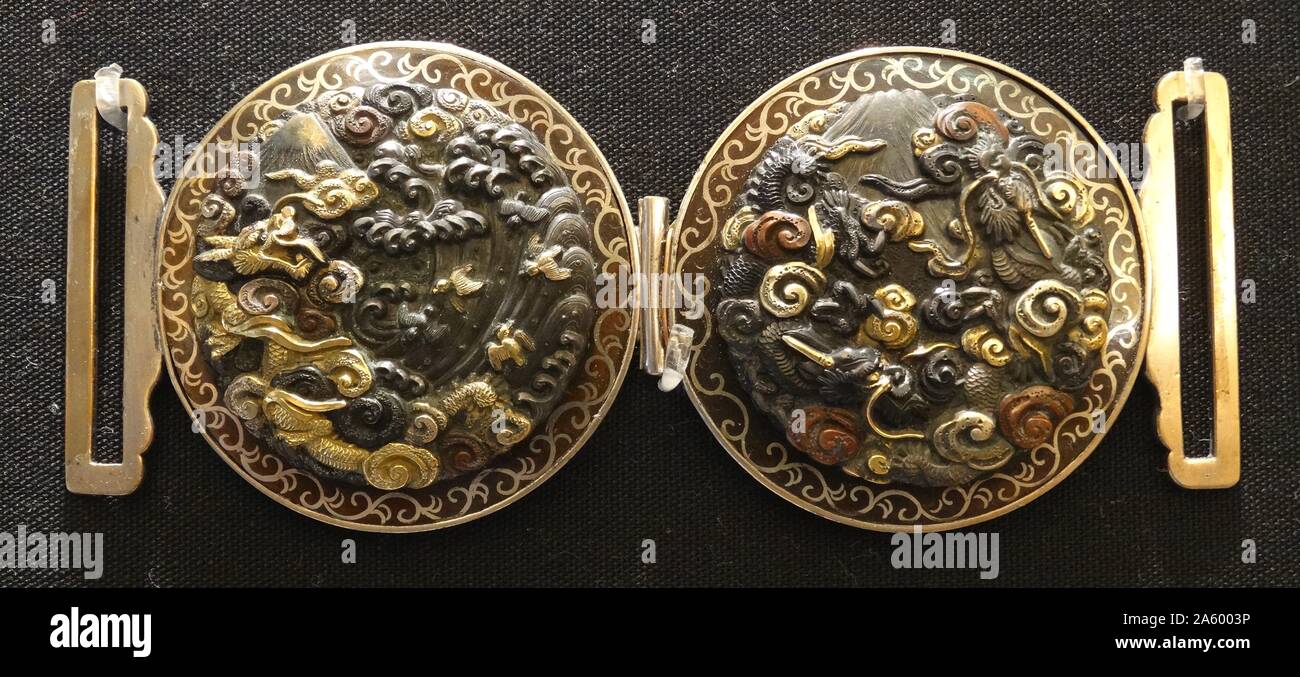 19th Century silver, bronze, gold and enamel clasp from Japan Stock Photo