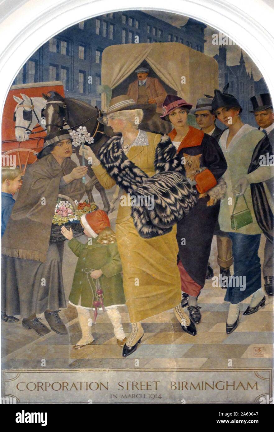 Painting depicting an upper class woman receiving a flower off a street seller on Corporation Street, Birmingham Stock Photo