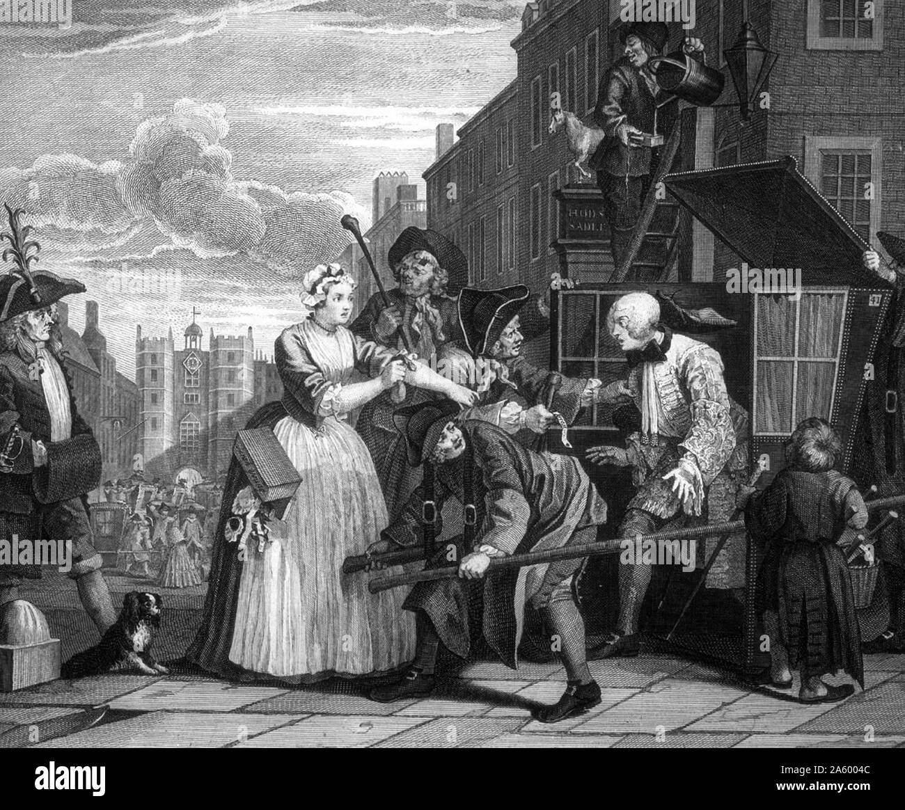 Arrested For Debt. from 'A Rake's Progress' 1735, By William Hogarth (1697 – 1764). English painter, printmaker, satirist. The series shows the decline and fall of Tom Rakewell, the spendthrift son and heir of a rich merchant, who comes to London, wastes all his money on luxurious living, prostitution and gambling Stock Photo