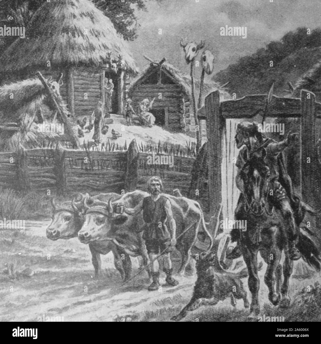 Engraving depicting the Stockade house of a German farmer during the 12th Century Stock Photo