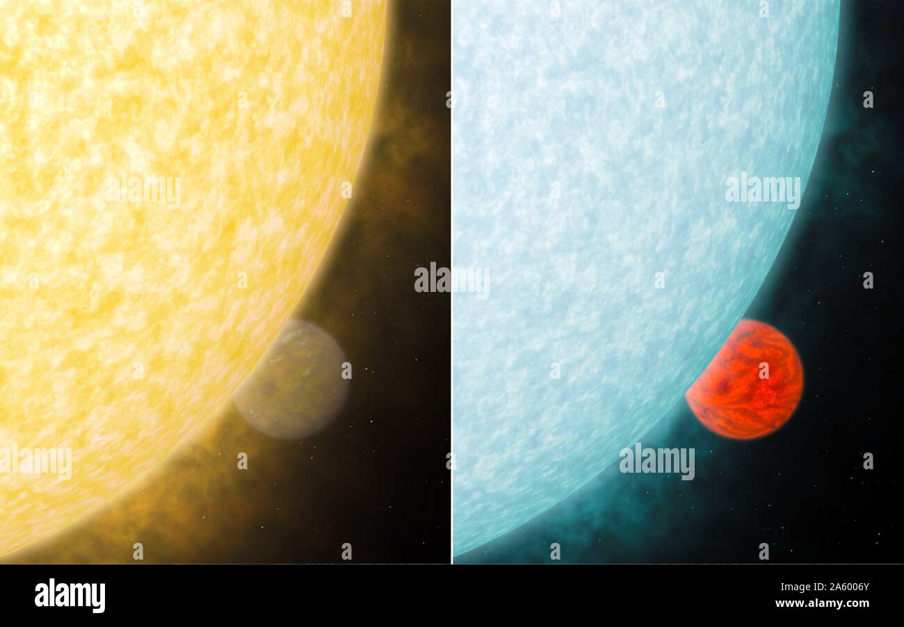 Artist concept shows what a fiery hot star and its close-knit planetary companion might look close up if viewed in visible (figure 1) and infrared light (figure 2). Stock Photo