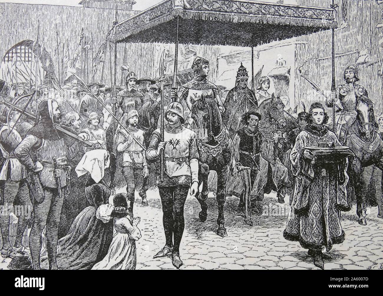 Engraving depicting the State Entry of Pope John XXII into Constance for the famous council. Dated 14th Century Stock Photo