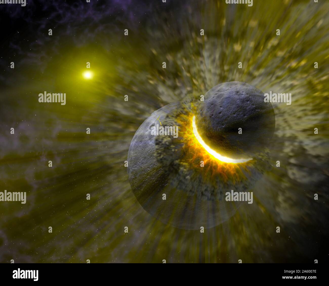 Artist concept illustrates how a massive collision of objects perhaps as large as the planet Pluto smashed together to create the dust ring around the nearby star Vega. Dated 2005 Stock Photo