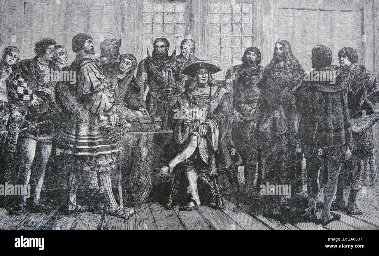 Engraving depicting Maximilian I, Holy Roman Emperor surrounded by the most illustrious of his contemporaries Stock Photo