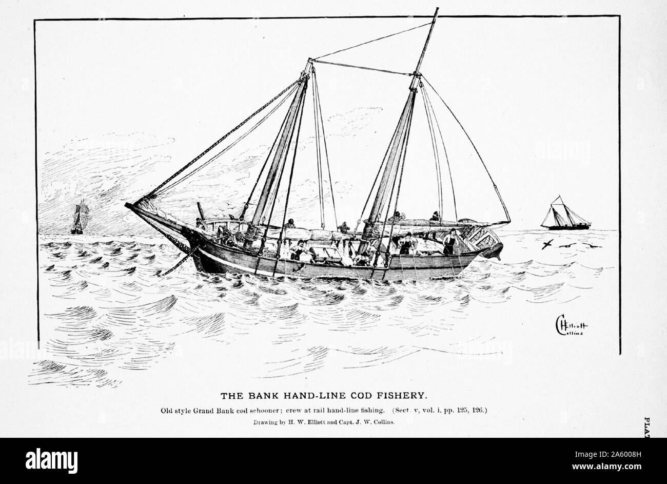 Drawing of an old style Grand Bank cod schooner by H. W. Elliott and Capt. J. W. Collins. Dated 1895 Stock Photo