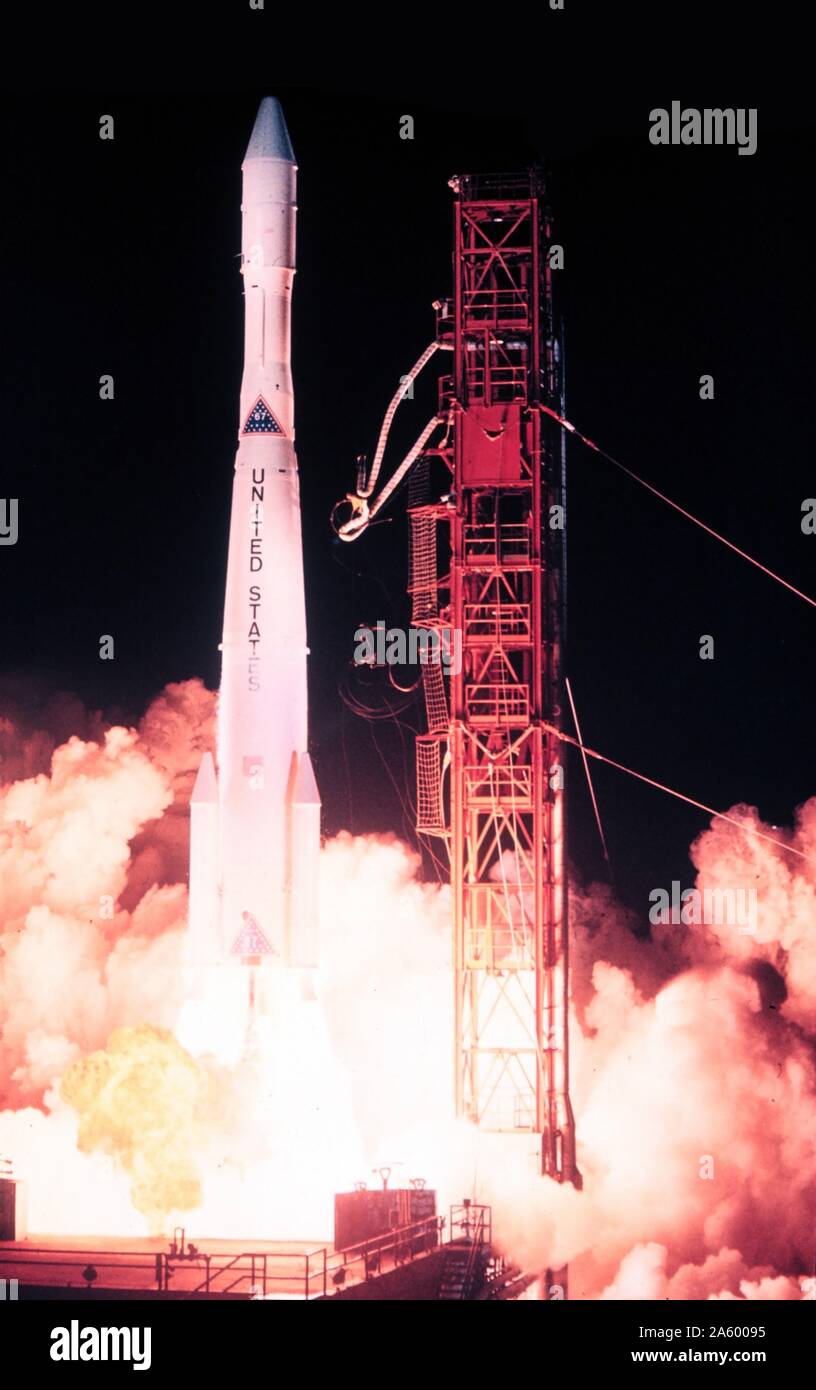 Night launch of meteorological satellite ESSA 9. Pre-launch designated TOS G. 1966 Stock Photo