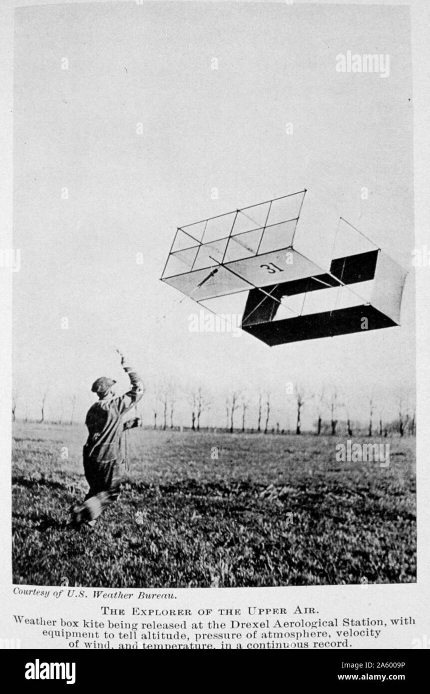 Exploring the upper air with a weather box kite. The kite was released at Drexel Aerological Station and continuously read temperature, wind velocity, pressure, altitude, and time. From: 'The Boy with the U.S. Weather Men', 1917 Stock Photo