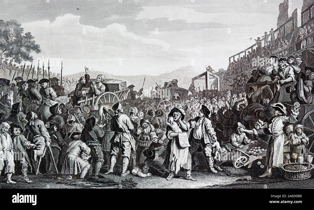 The Idle 'Prentice Executed at Tyburn by William Hogarth (1697 – 1764). English painter, printmaker, pictorial satirist. Industry and Idleness, Plate 11 of the series, showing the final reward of idleness 1747 Stock Photo