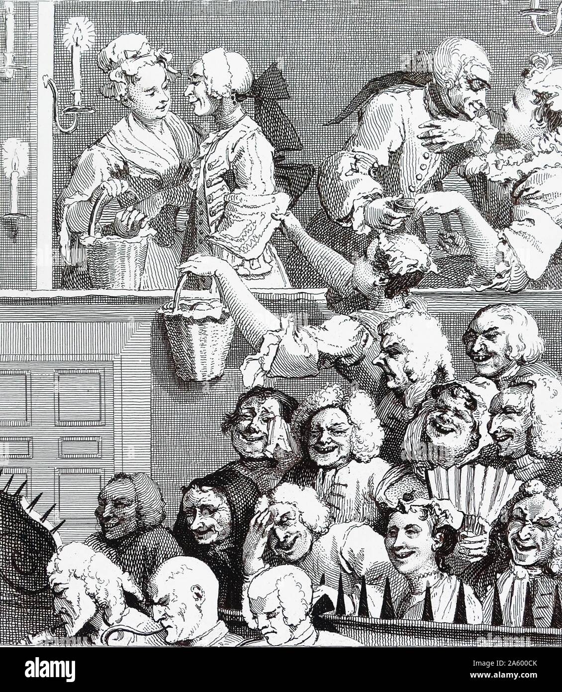 The Laughing Audience, Bill of Sale 1733; by William Hogarth (1697 – 1764). English painter, printmaker, pictorial satirist. The Laughing Audience is divided into three sections which depict three classes of people Stock Photo