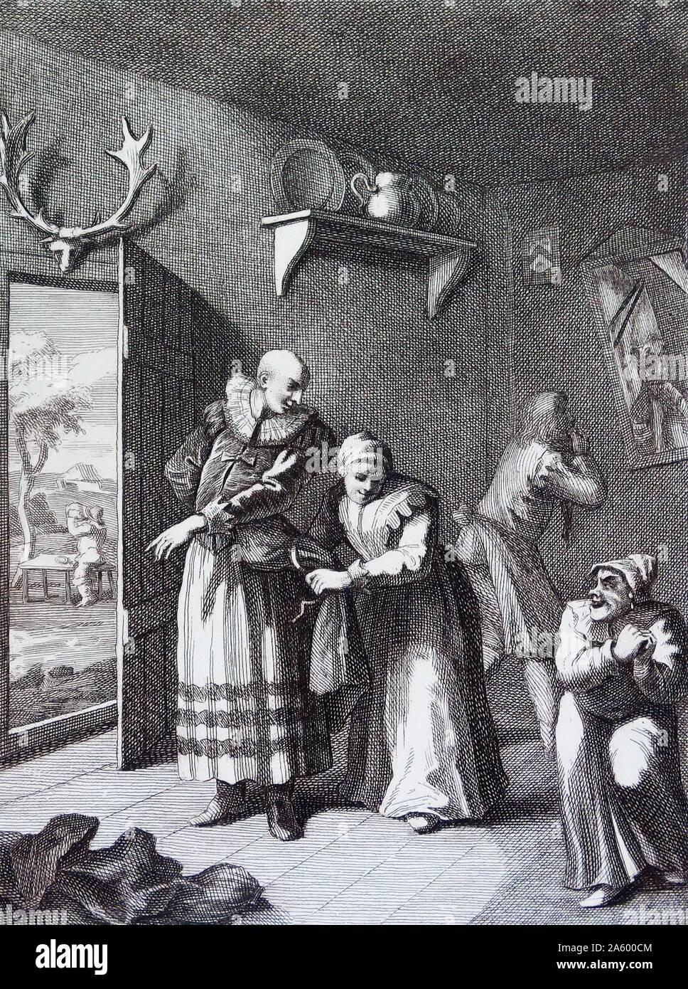 The Curate and the Barber Disguising Themselves to convey Don Quixote Home. by William Hogarth (1697–1764), English painter, printmaker, pictorial satirist. One of six Illustrations for Don Quixote by Miguel de Cervantes Stock Photo