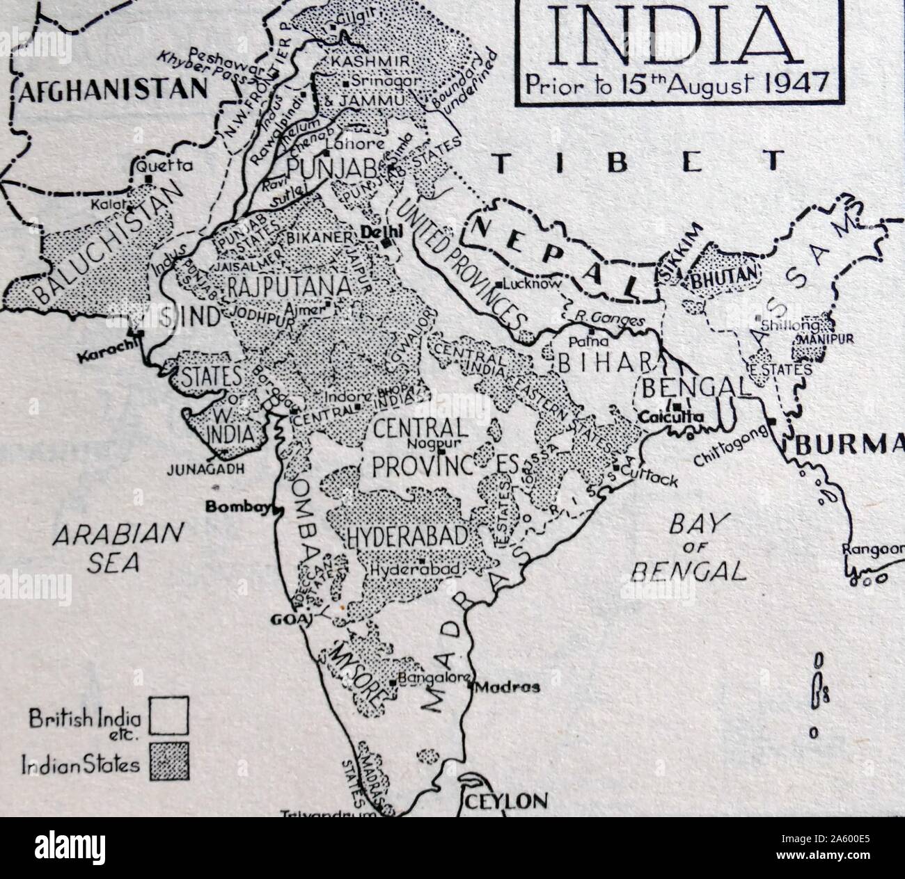 Map of India before the Partition of the British Indian Empire that led to the creation of India and Pakistan 1947 Stock Photo