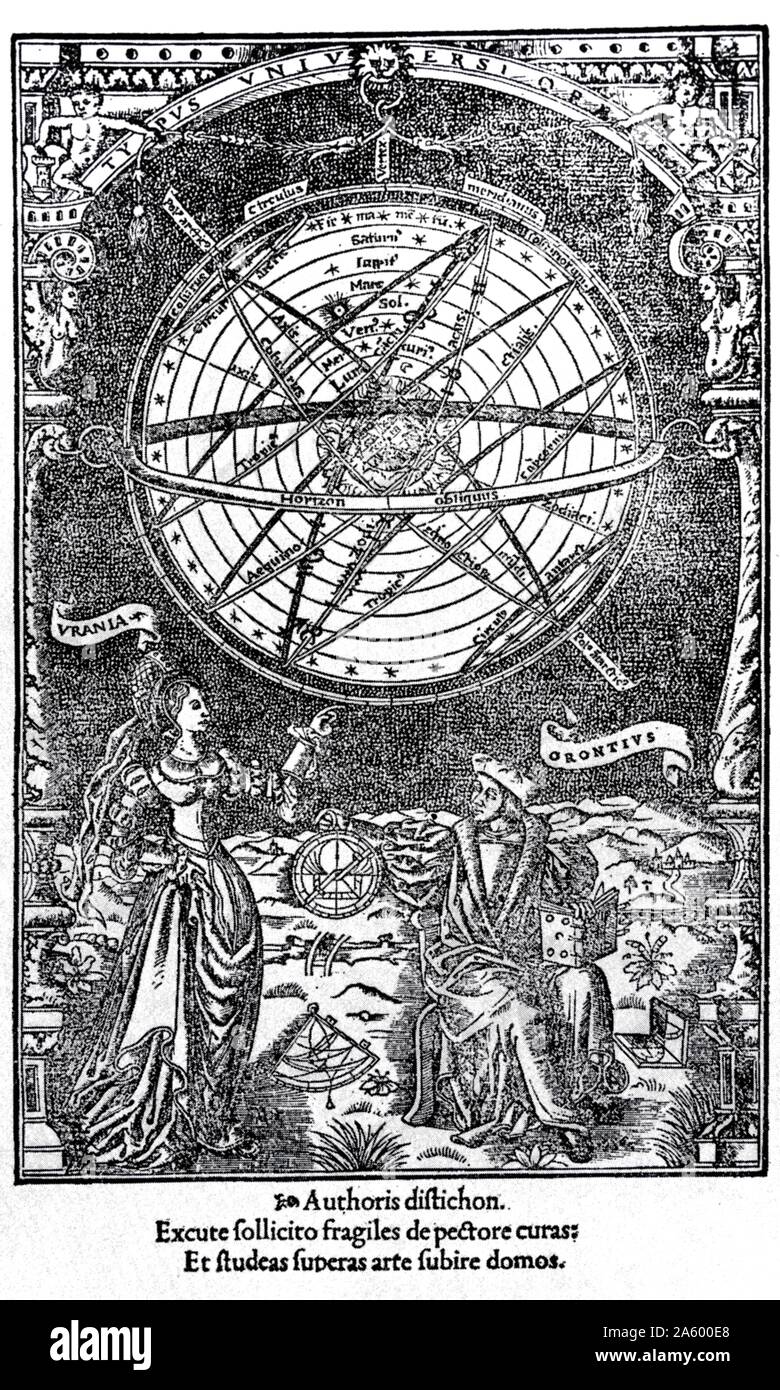 De mundi sphaera (On the Heavenly Spheres) by Orontius, Oronce Fine. Paris, 1542. shows the author (Orontius) holding an astrolabe as he sits next to the muse of astronomy (“Urania”) and below a depiction of the heavenly spheres. Stock Photo