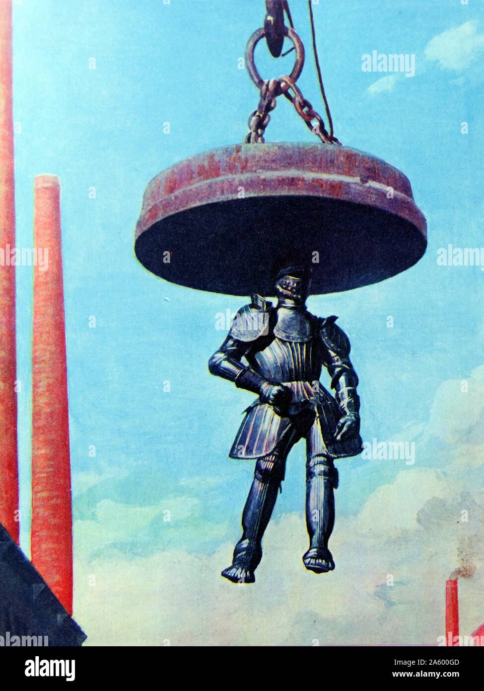 Illustration depicting a suit of armour lifted by an electro-magnet 1936 Stock Photo