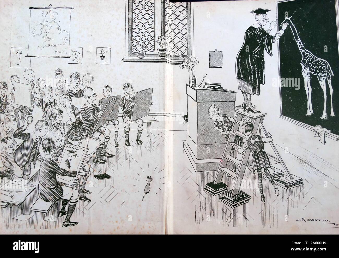 cartoon of a teacher drawing on a blackboard while the class descends into chaos. 1930 Stock Photo