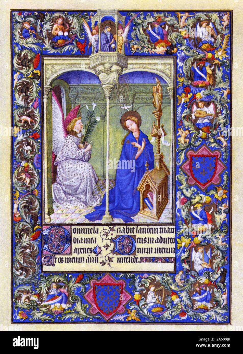 Illumination depicting the annunciation from the Belles Heures of Jean de France, Duc de Berry (The Beautiful Hours) an early 15th-century illuminated manuscript book of hours. Dated 15th Century Stock Photo