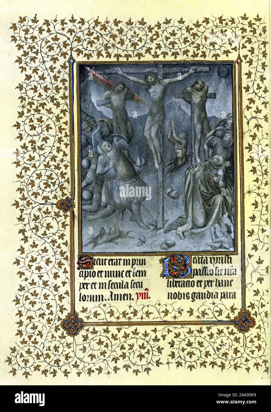 Illumination depicting the darkness at the Crucifixion from the Belles  Heures of Jean de France, Duc de Berry (The Beautiful Hours) an early  15th-century illuminated manuscript book of hours. Dated 15th Century