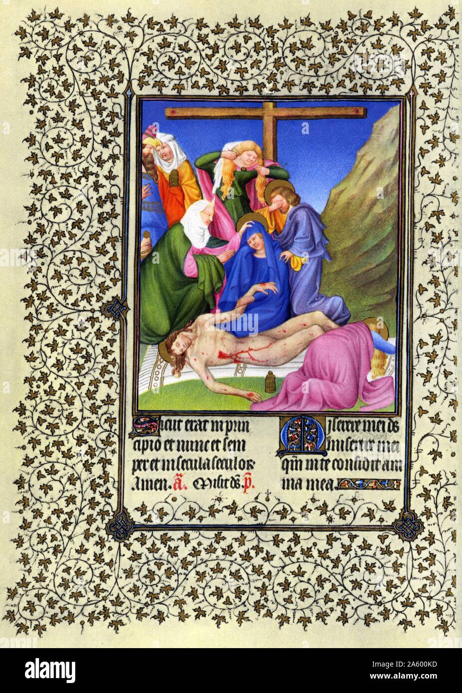 Illumination depicting the Lamentation from the Belles Heures of Jean de France, Duc de Berry (The Beautiful Hours) an early 15th-century illuminated manuscript book of hours. Dated 15th Century Stock Photo