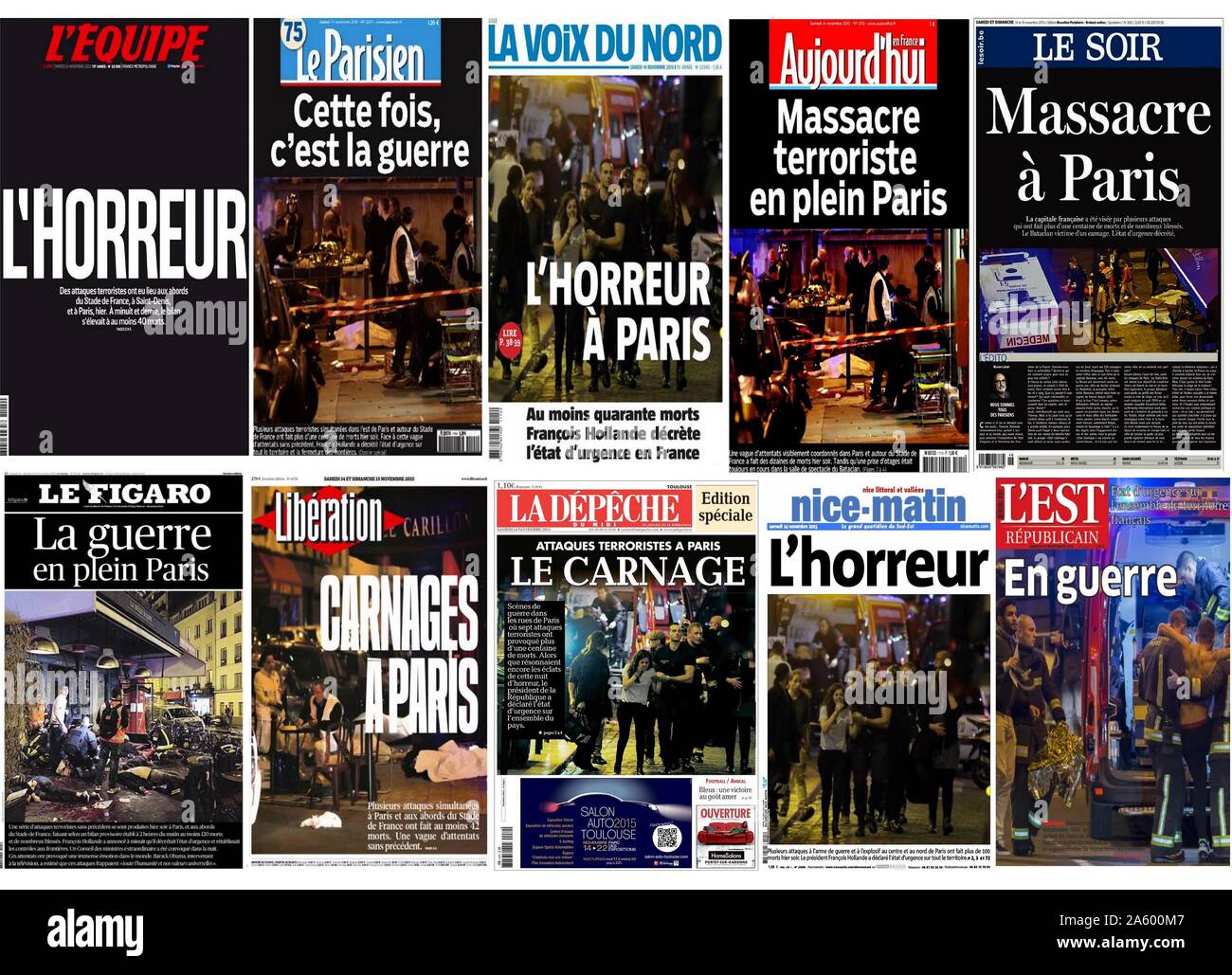 French newspaper front pages covering the November 2015 Paris attacks. On the evening of 13 November 2015; a series of coordinated terrorist attacks; consisting of mass shootings; suicide and bombings occurred in Paris; France. At least 132 victims died; 89 of them at the Bataclan theatre. A further 352 people were injured by the attacks Stock Photo