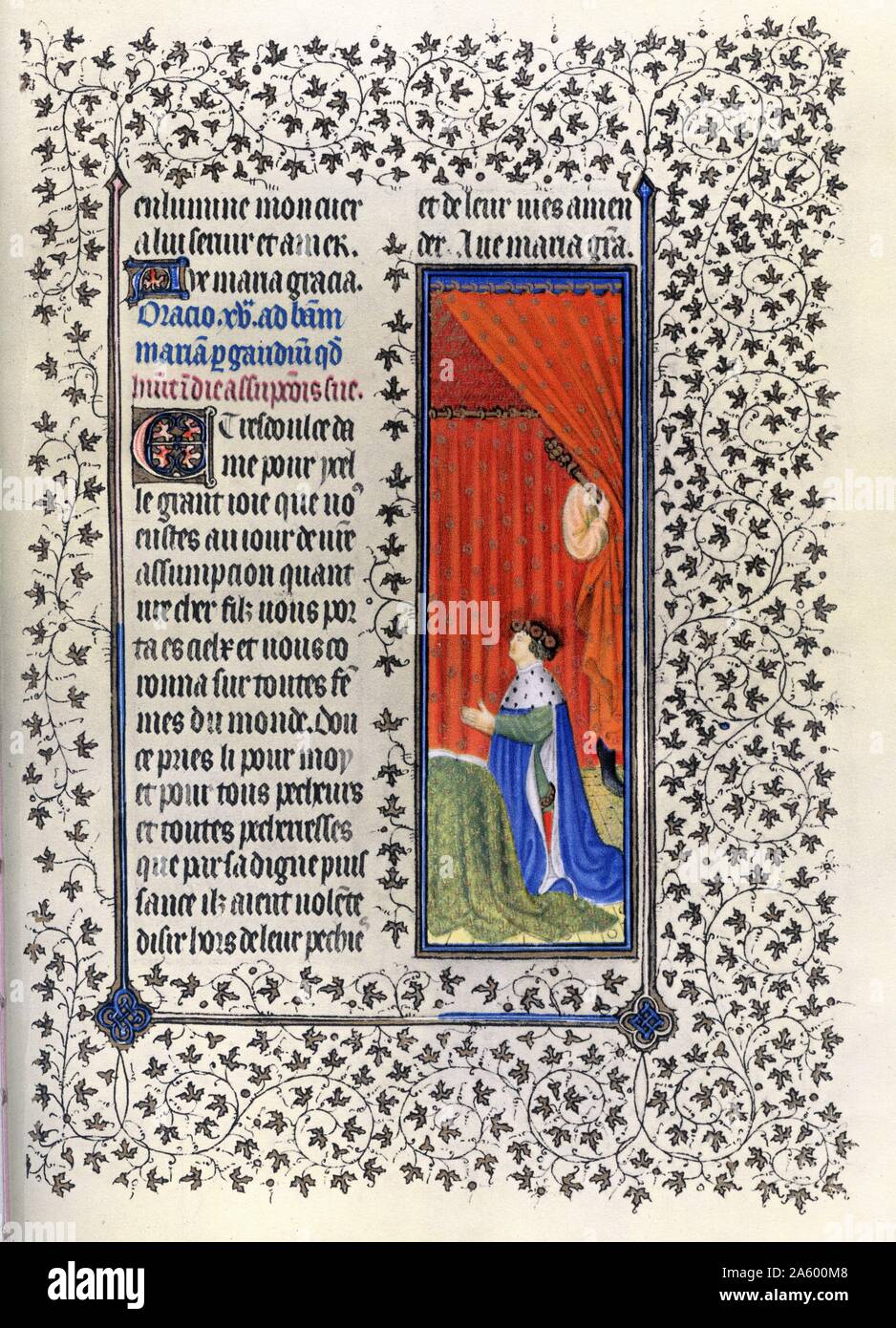 Illumination depicting Duc de Berry in Prayer from the Belles Heures of Jean de France, Duc de Berry (The Beautiful Hours) an early 15th-century illuminated manuscript book of hours. Dated 15th Century Stock Photo