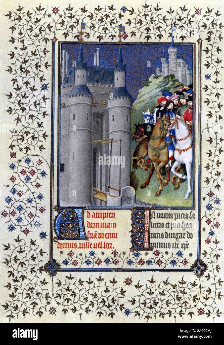 Illumination depicting Duc de Berry on a Journey from the Belles Heures of Jean de France, Duc de Berry (The Beautiful Hours) an early 15th-century illuminated manuscript book of hours. Dated 15th Century Stock Photo