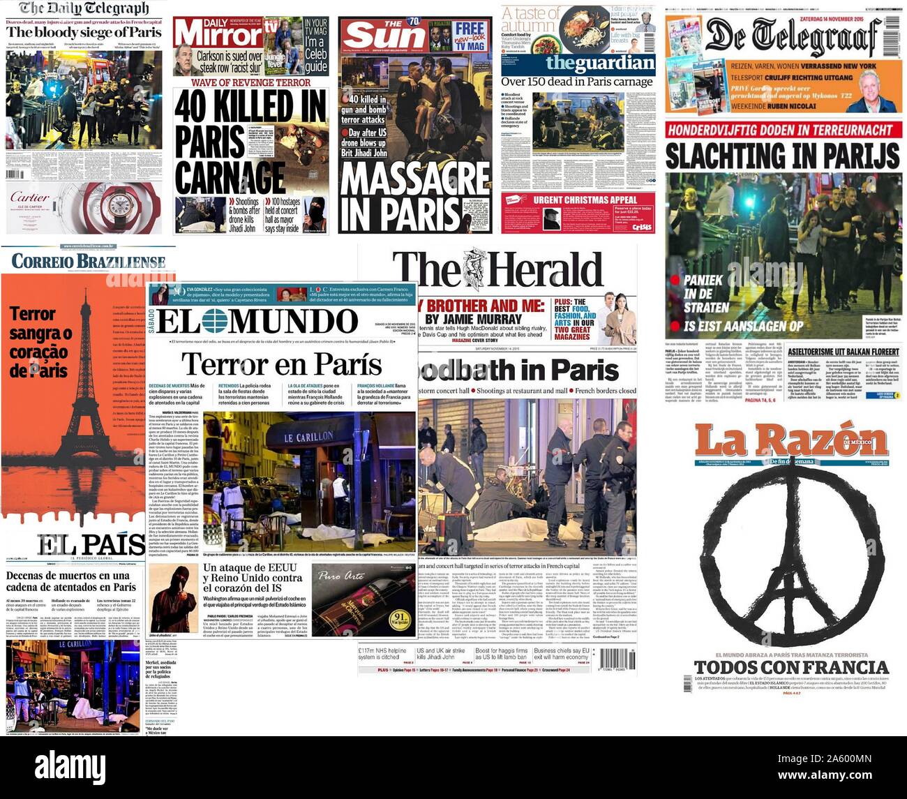 international newspaper front pages covering the November 2015 Paris attacks. On the evening of 13 November 2015; a series of coordinated terrorist attacks; consisting of mass shootings; suicide and bombings occurred in Paris; France. At least 132 victims died; 89 of them at the Bataclan theatre. A further 352 people were injured by the attacks Stock Photo