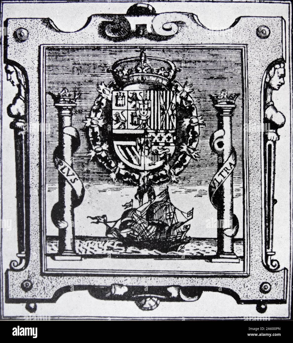 Woodcut depicting the Emblem of the Council of the Indies Stock Photo