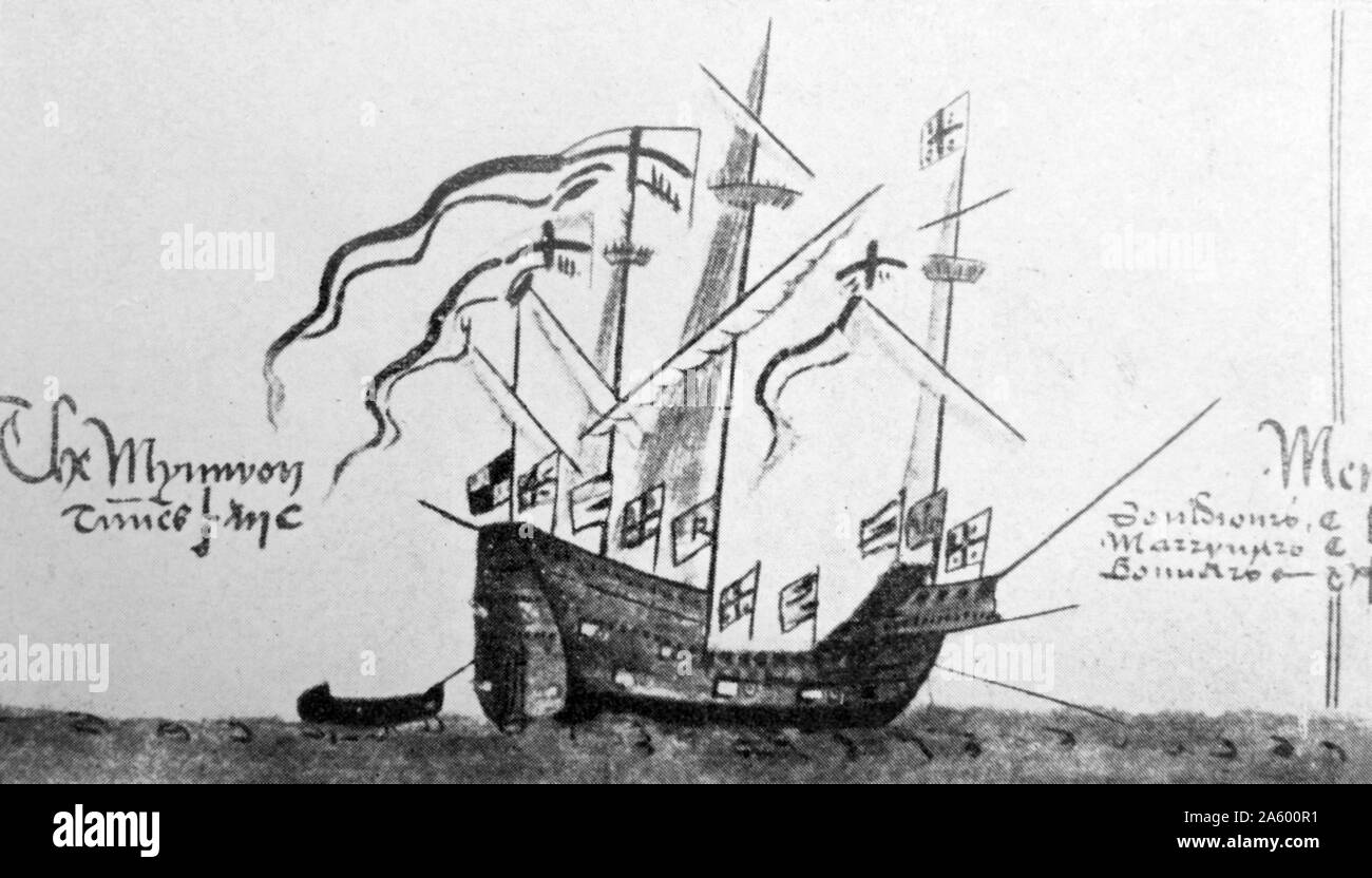 Ship of Sir Francis Drake (1540-1596) an English sea captain, privateer, navigator, slaver, and politician of the Elizabethan era. Dated 16th Century Stock Photo