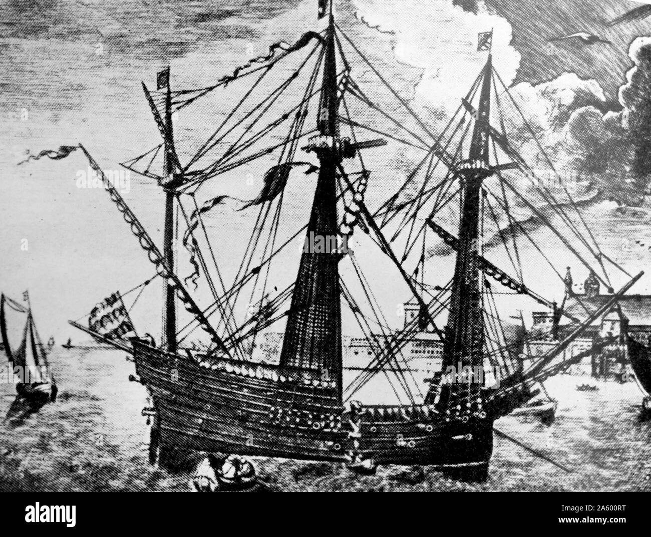 Illustration of the Golden Hind, an English galleon best known for her circumnavigation of the globe between 1577 and 1580, captained by Sir Francis Drake. Dated 16th Century Stock Photo