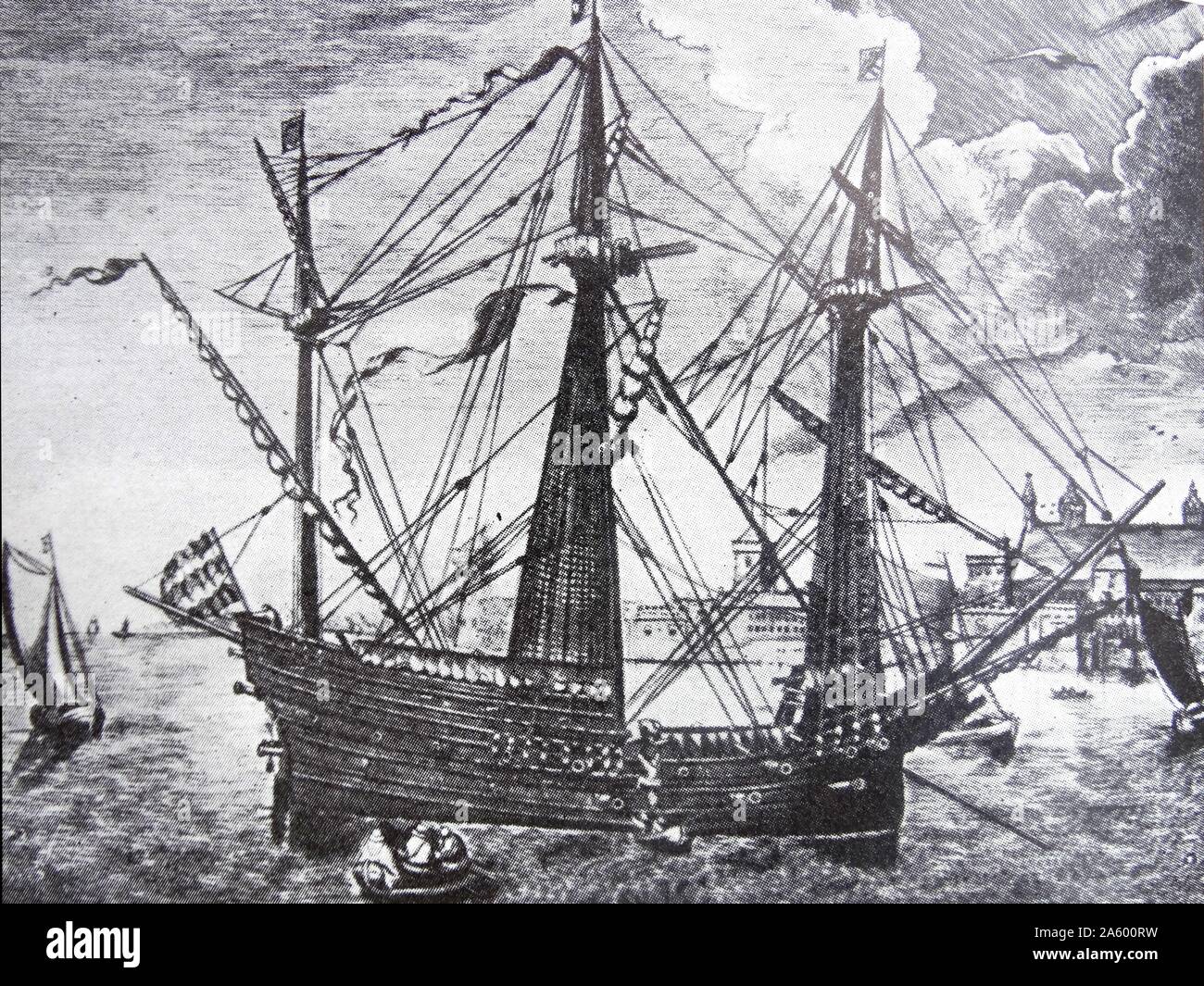 Illustration of the Golden Hind, an English galleon best known for her circumnavigation of the globe between 1577 and 1580, captained by Sir Francis Drake. Dated 16th Century Stock Photo