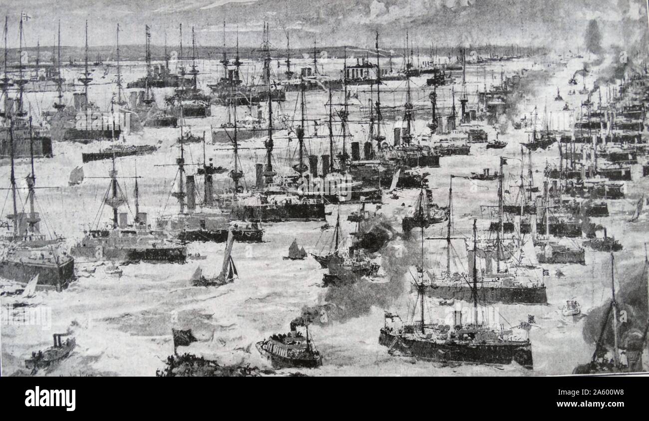 Bird's Eye view of the British Navy assembled at Spithead, England. Dated 1797 Stock Photo