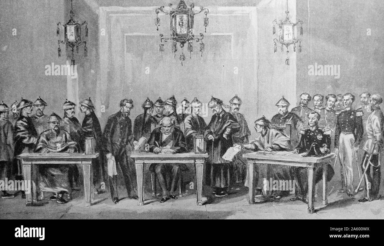Illustration depicting the signing of the Treaty of Tientsin. Dated 19th Century Stock Photo