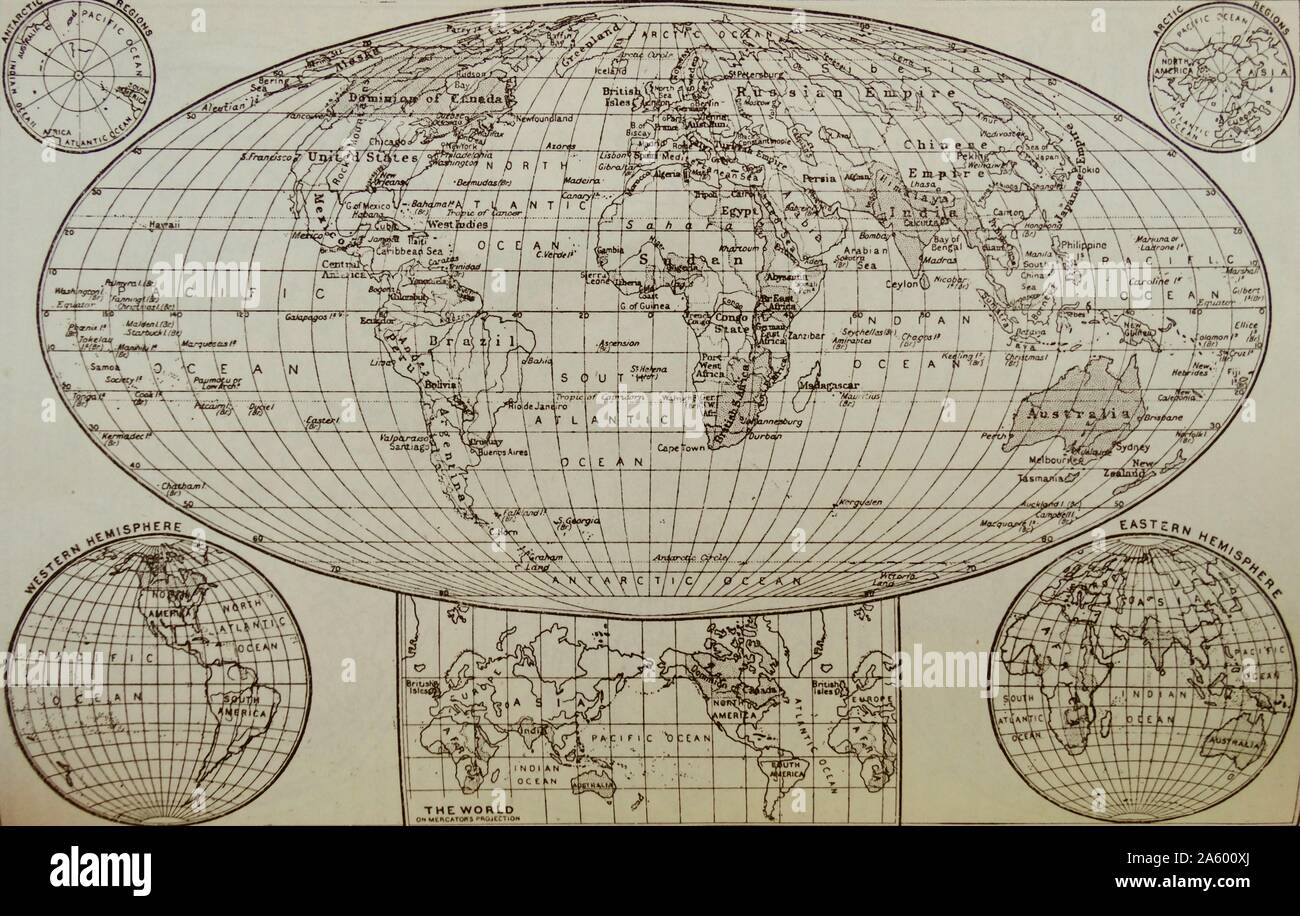 Modern representation of the world shown on three different projections ...