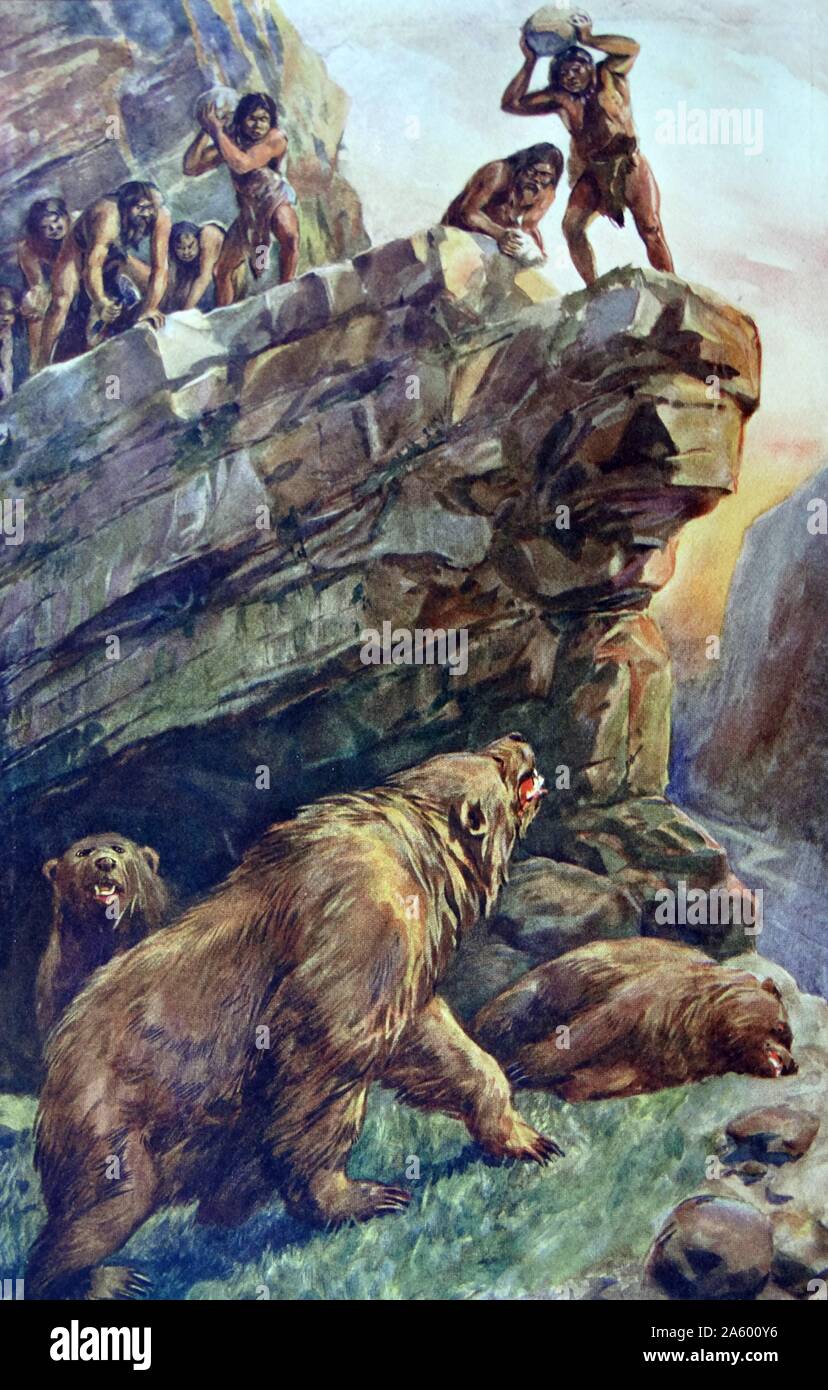 Painting depicting prehistoric men attacking the Great Cave Bears. Dated 18th Century Stock Photo