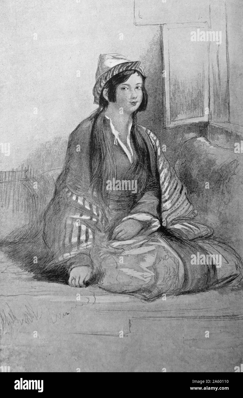 Painting depicting a Circassians lady. The Circassians are a North Caucasian ethnic group native to Circassia. Dated 19th Century Stock Photo