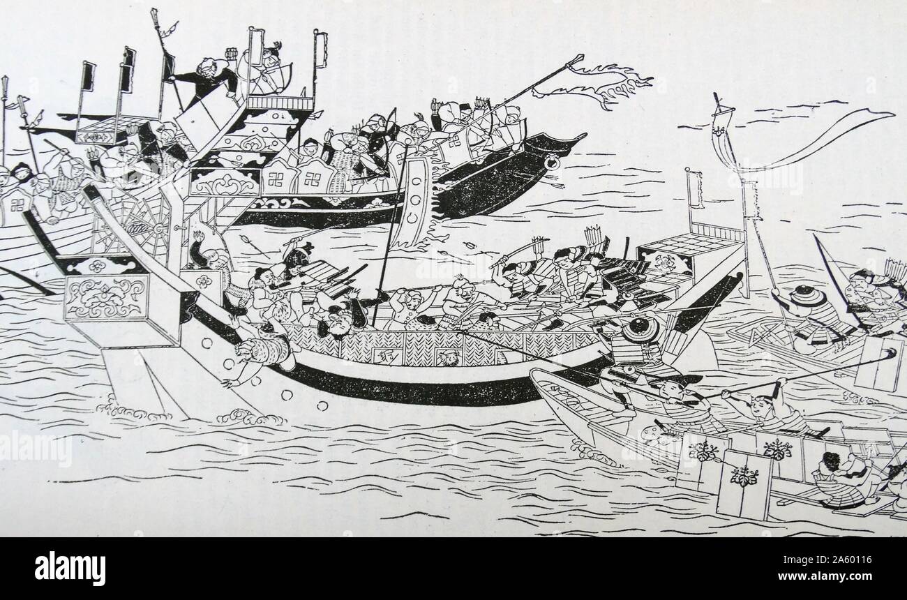 Illustration depicting the attempted invasion of Japan by the Mongol Armada. Dated 13th Century Stock Photo