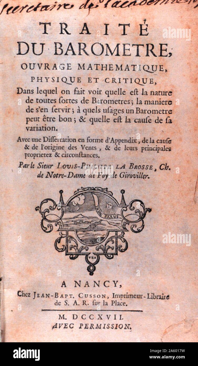 Title page for 'Traite du barometre, ouvrage mathematique' by Louis Philippe La Brosse. Date 18th Century Stock Photo